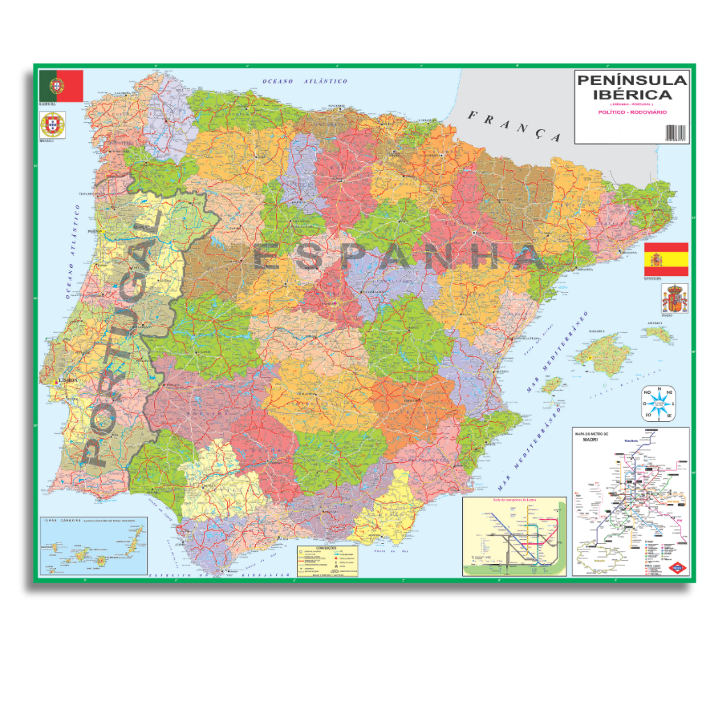 Mapa Portugal Espanha Politico Peninsula Ibérica Politico Poster Escolar