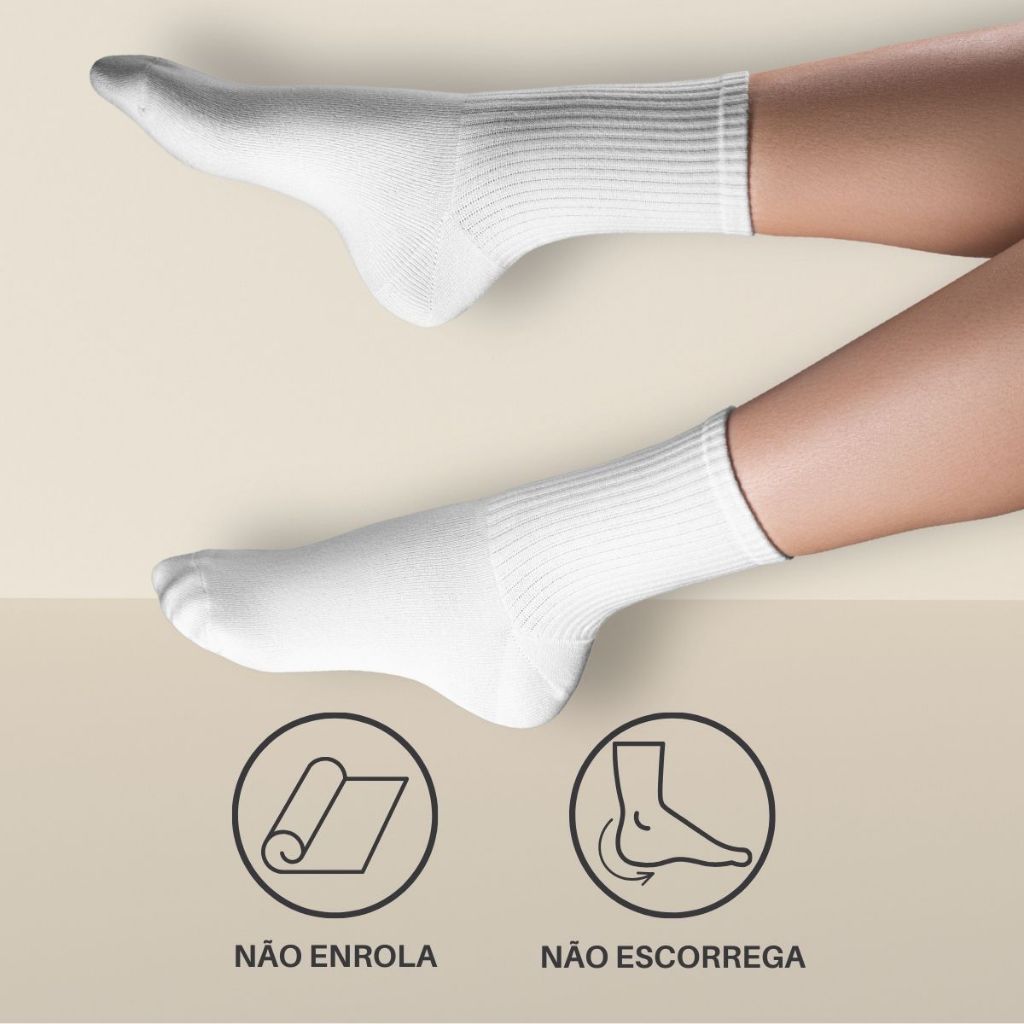 Kit 6 Pares Meia Branca Cano Alto Lisa Feminina
