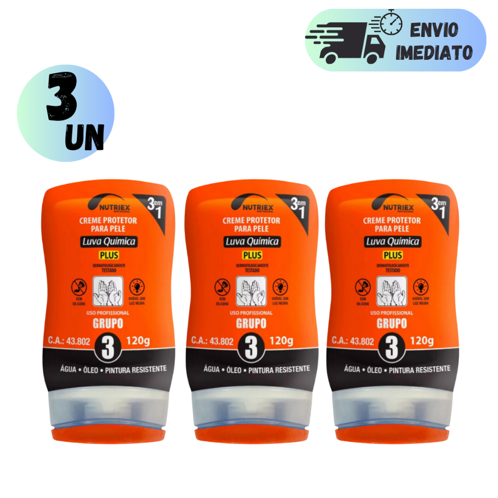 KIT 3 CREME DE PROTEÇÃO GRUPO 3 FRASCO 120G PARA MÃOS MECANICO NUTRIEX PROFISSIONAL PROTEÇÃO QUÍMICA