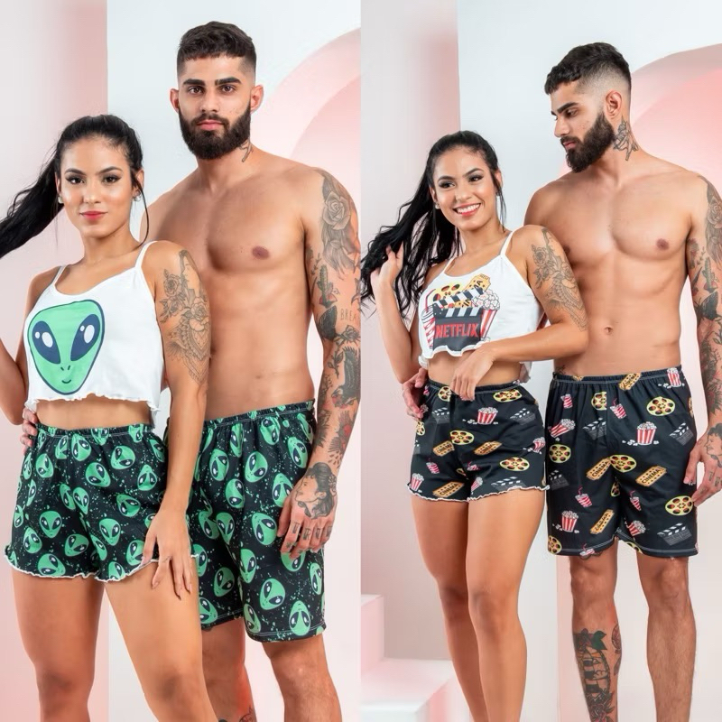 Kit casal pijama casal baby-doll dia dos namorados Netflix em Oferta na Shopee