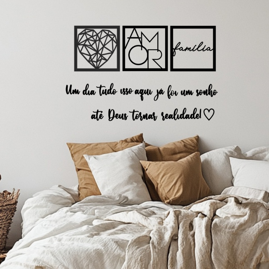 Kit 3 Quadros Cabeceira Familia Coração Geométrico Amor + Frase de Parede Variados Sala Mi...