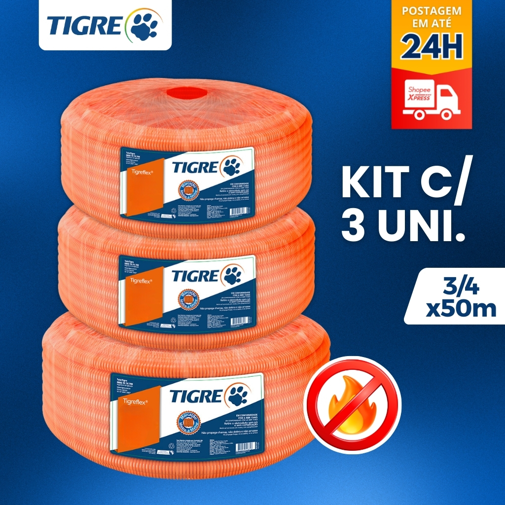 Conduite Laranja 3/4 X 50m Eletroduto Tigre Original Rolo Mangueira Corrugada Kit C/3 Rolos