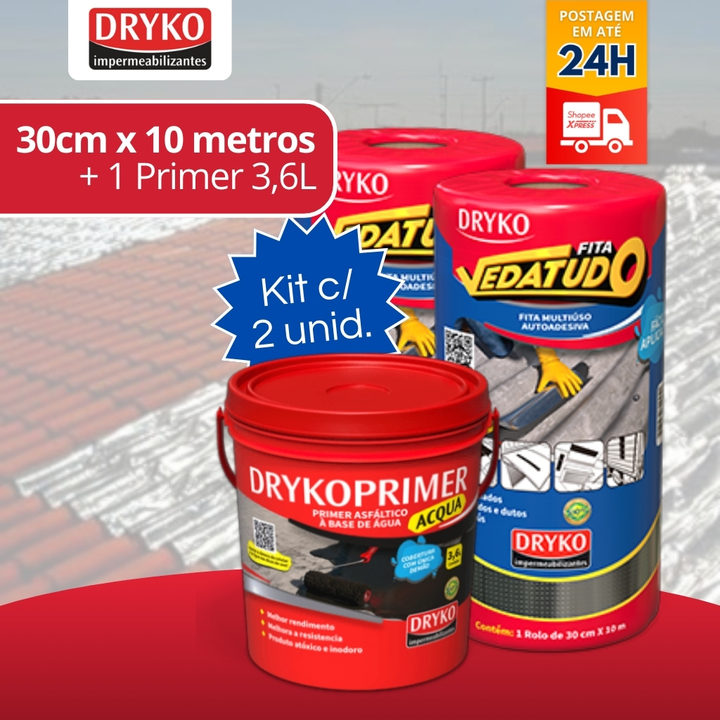 Manta Asfáltica 30cm 2un + Primer Asfáltico 3,6 Kit Aplicação Fita Metalizada Telha Laje Vedatudo