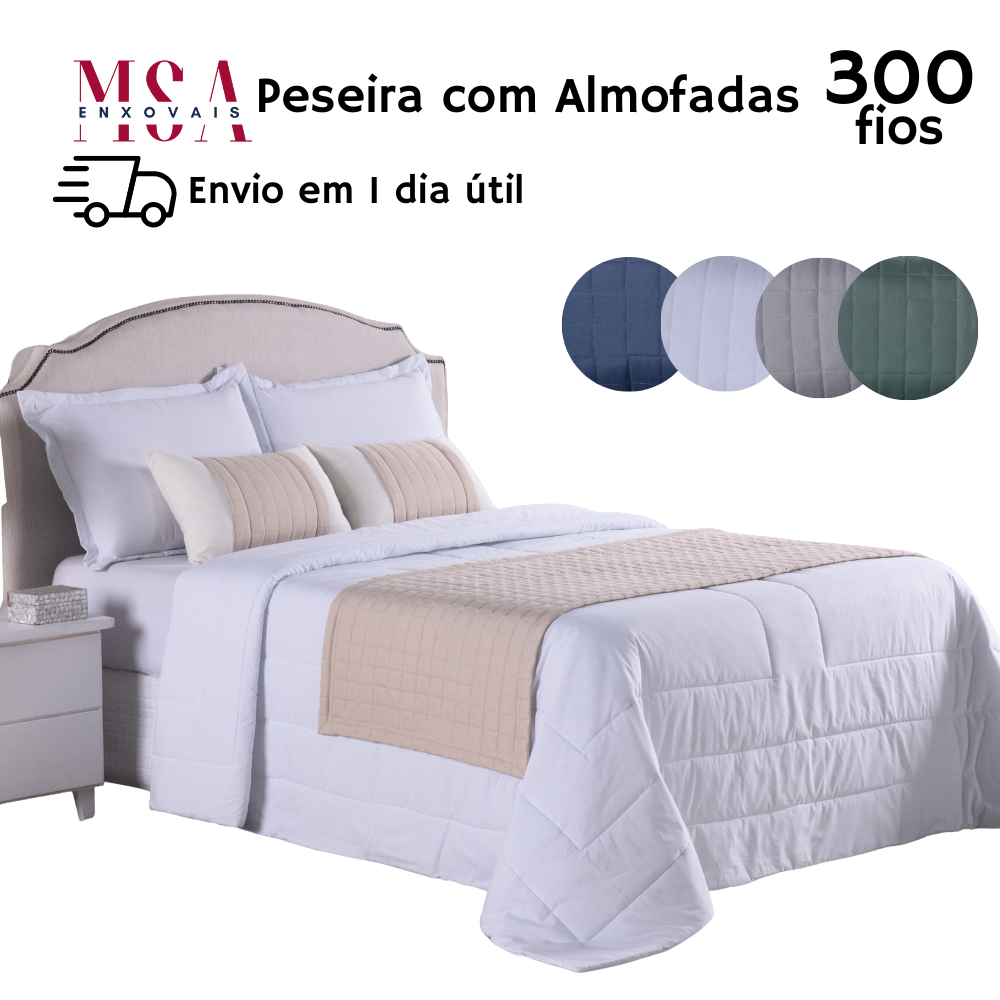 Kit Peseira com Almofadas Cheias Cama Casal/Queen King Matelada 5 Peças 300 Fios Decoração Quarto