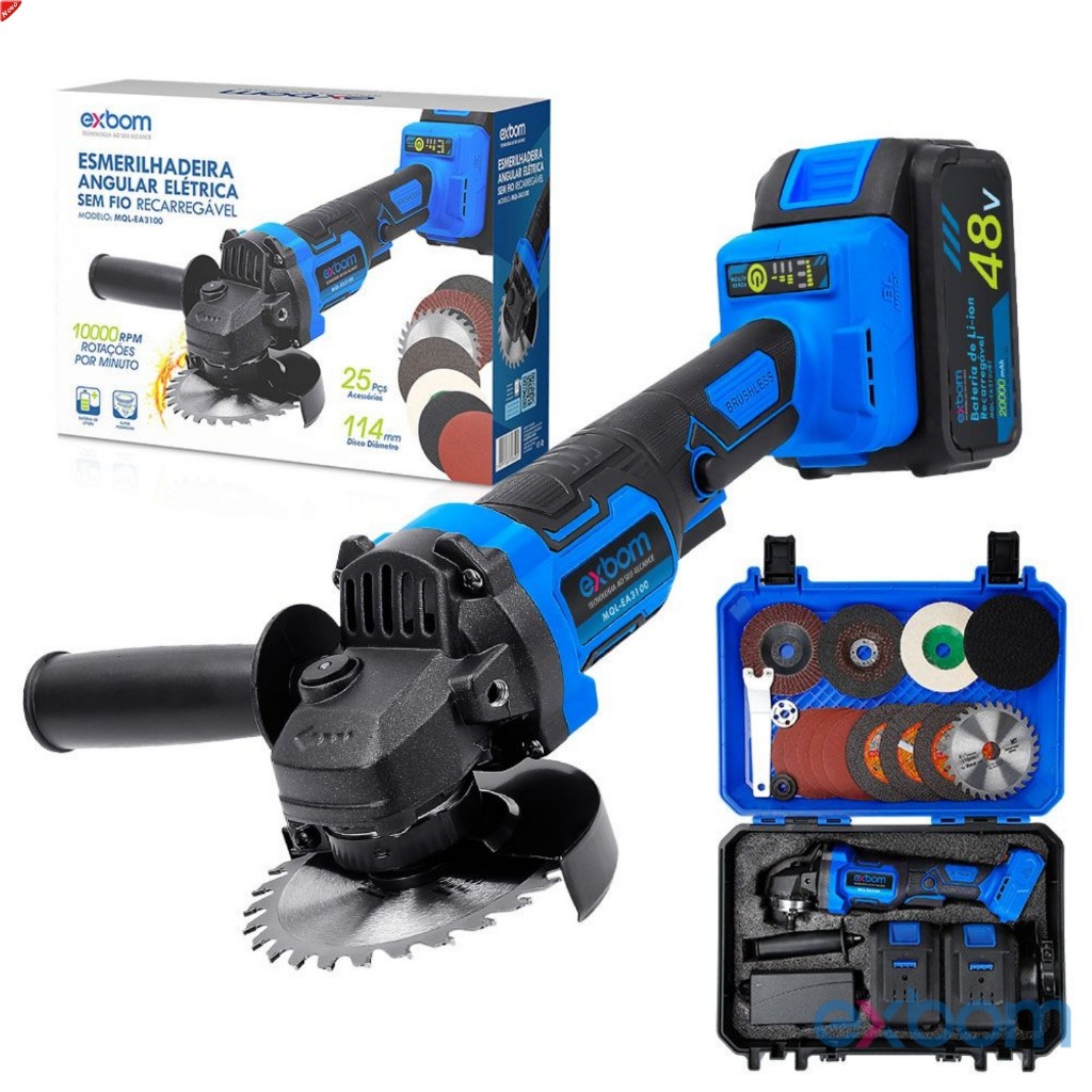 Lixadeira Esmerilhadeira Angular Motor Brushless 48v Intercambiável 2 Bateria Recarregáveis MQL-EA3100 EXBOM