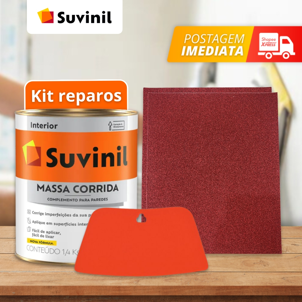 Kit reparo Massa corrida PVA Suvinil 1,5kg + espatula 13 cm + 2 lixas de parede em Oferta na Shopee