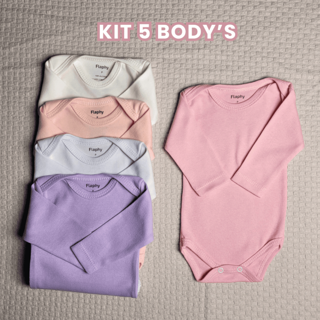 Kit 5 Peças Body Bebê Menina Liso Manga Longa Flaphy