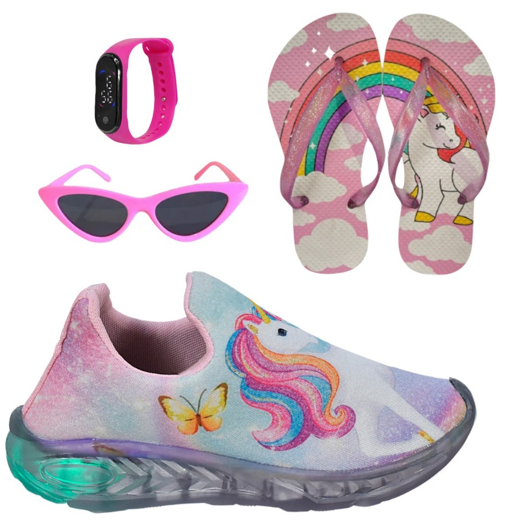 Tênis Infantil Led Feminino Unicórnio Calce Fácil + Óculos Relógio Chinelo