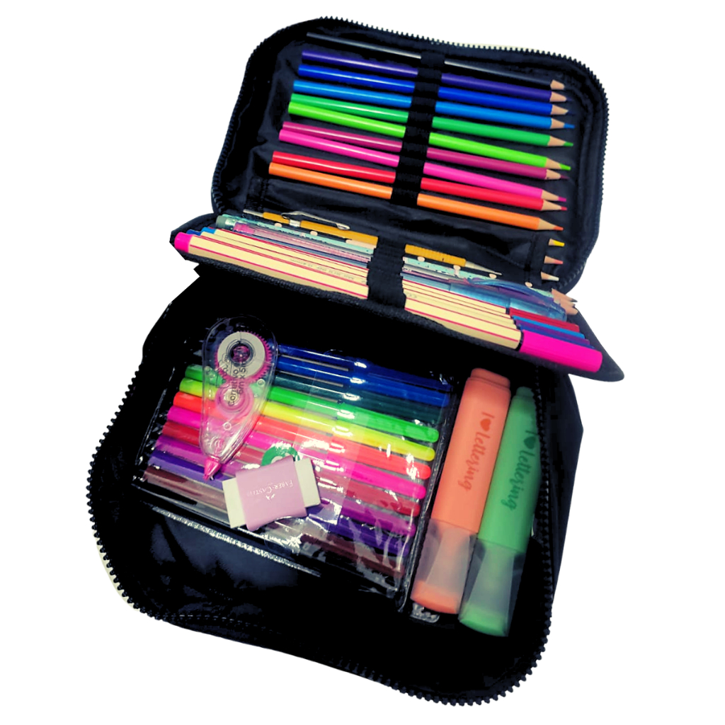Estojo Box Nylon Com Alça Organizador Divisórias Coloridos Zíper Infantil Escolar 24 Divisões