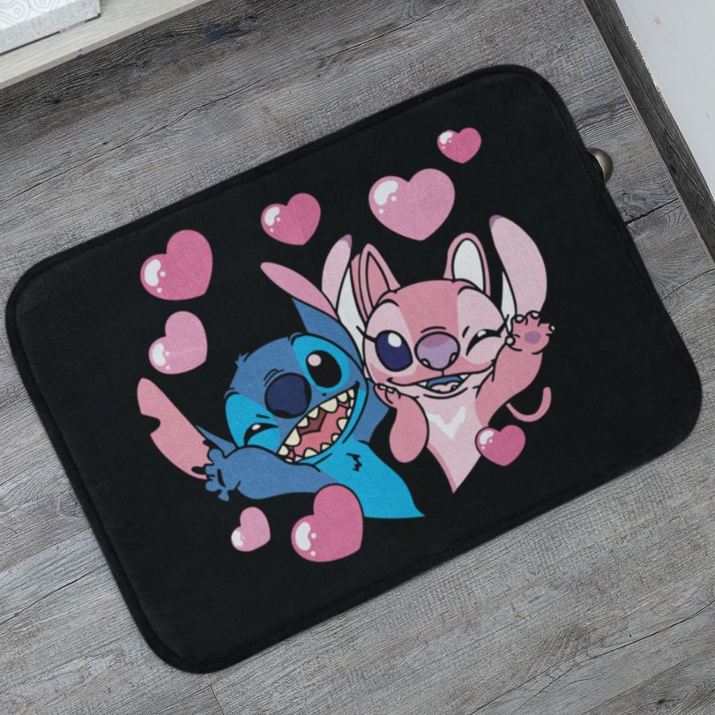 Tapete Porta de Entrada Bem-Vindo 55x35cm Stitch e Angel Antiderrapante