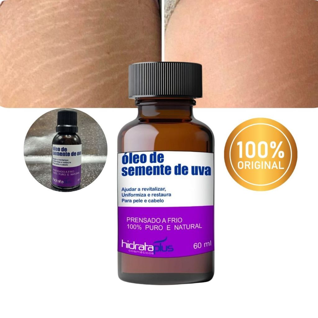 Óleo Vegetal de Semente de Uva 60ml - Hidratante, Anti Estrias e Rejuvenecedor /100% Natural e Puro