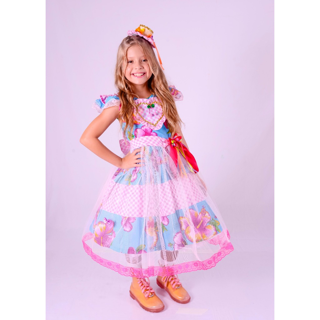 Vestido Rodado Festa Junina Menina Longo Luxo Confortável Agodão Rosa Azul Estampa Chita Floral Coração