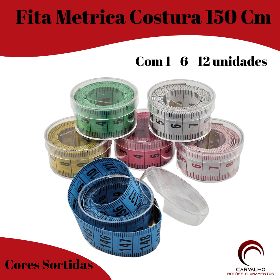 Fita Metrica Flexivel Costura Colorida 150 Cm - Cores Sortidas Com 12 Unidades Com Caixa Acrilico