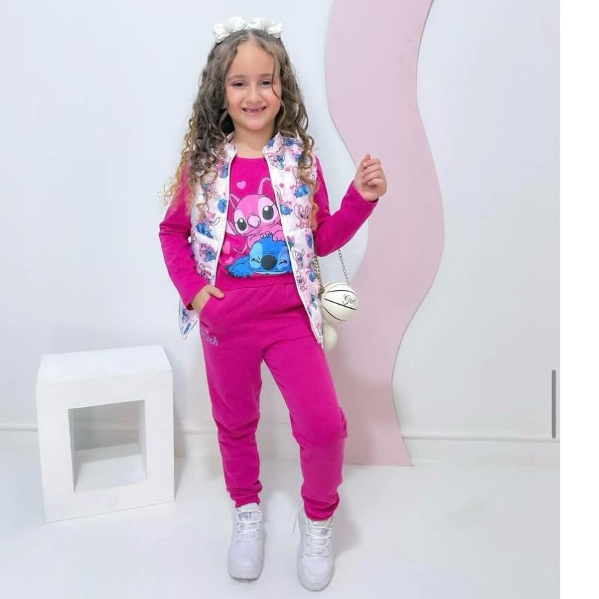 Conjunto Inverno Stitch 3 Peças Colete + Blusa Manga Longa + Calça Moletom Flanelada Infantil Menina