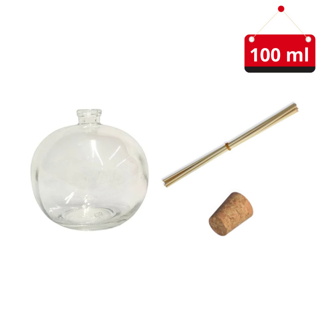 02 Un. Frasco de vidro Mini bolinha 100 ml com rolha e 06 vareta para difusor