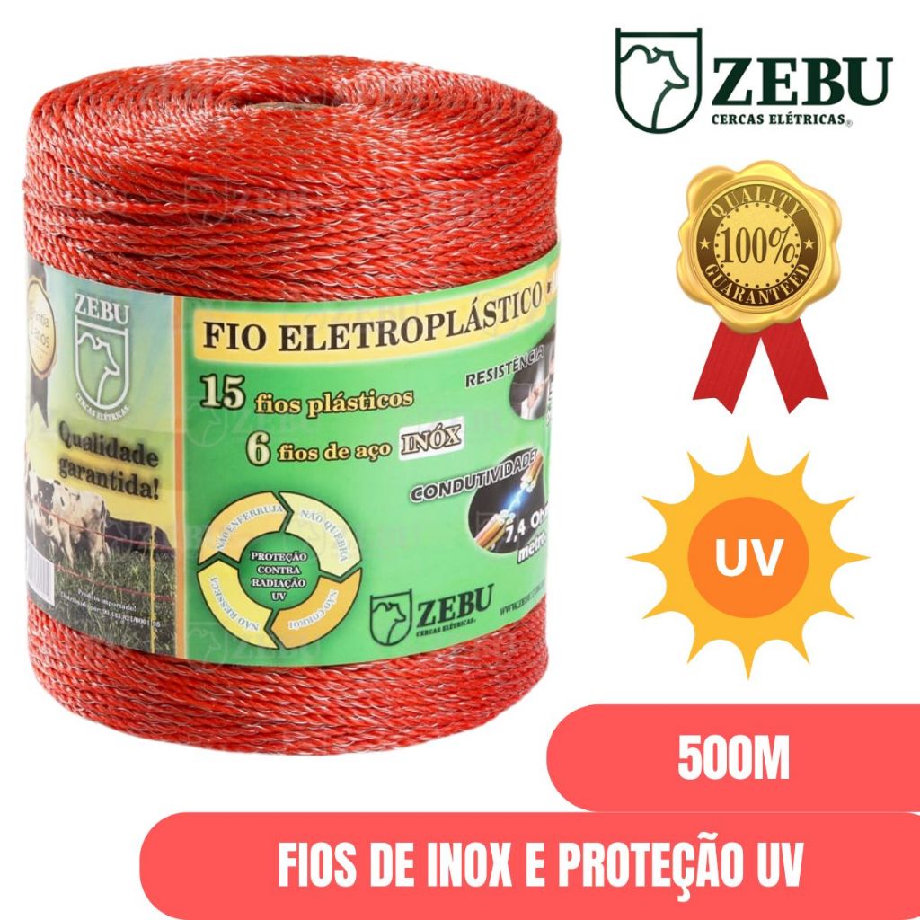 Fio Eletroplástico Zebu 500m Laranja Trançado Cerca Elétrica Rural
