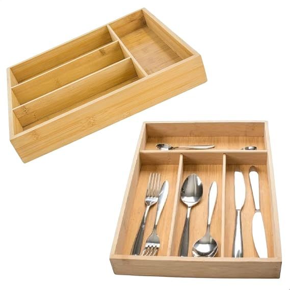 Porta Talher Bambu Com 4 Divisórias Organizador Gaveta Compartimentos Cozinha Separador Madeira
