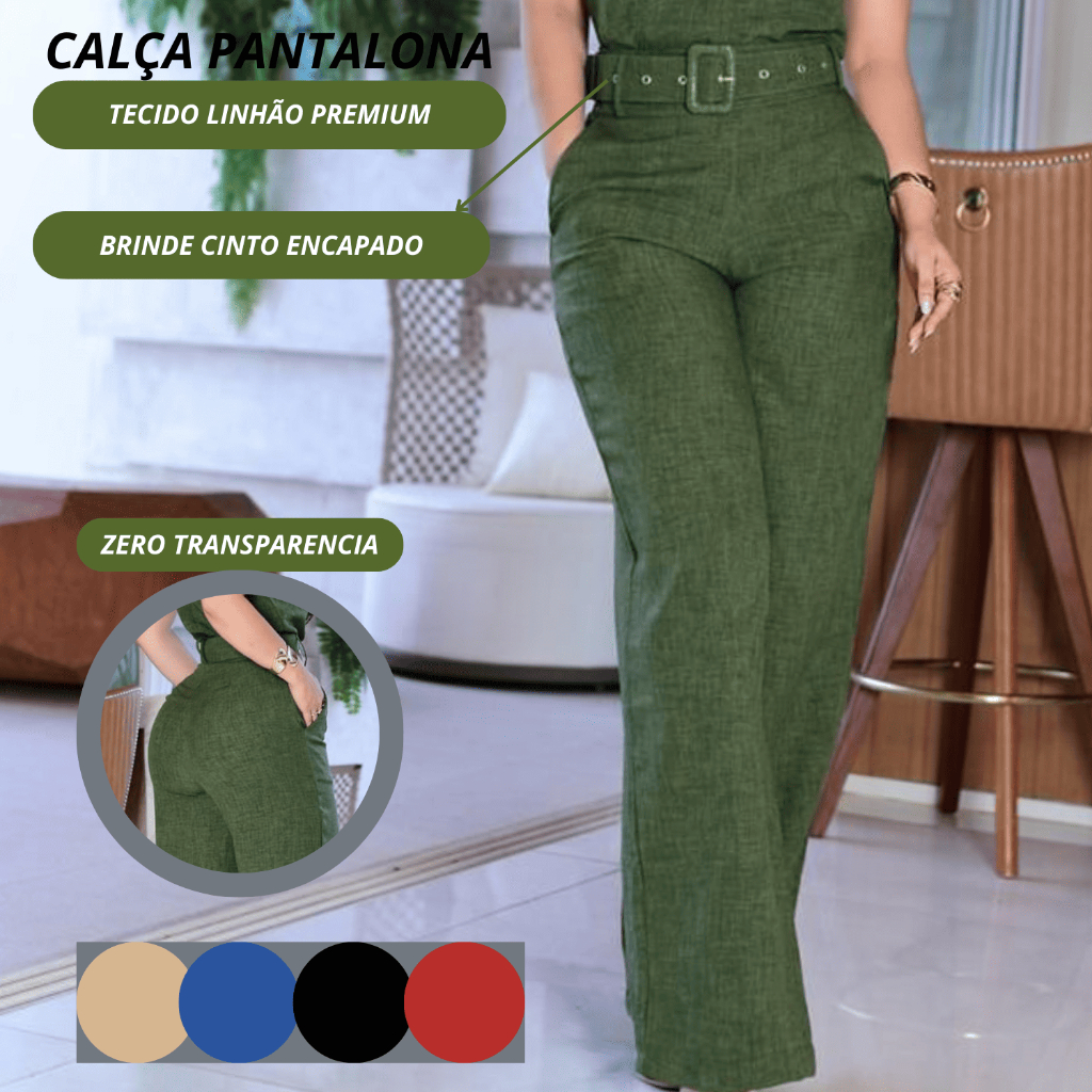 Calça Pantalona Feminina cós Alto Cinto Encapado Tecido Linhão Premium em Oferta na Shopee