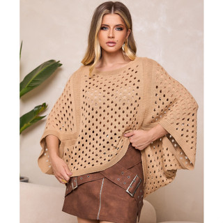 Poncho Feminino Tricot Ponto Crochê Furos Capa Sobreposição Inverno 2025