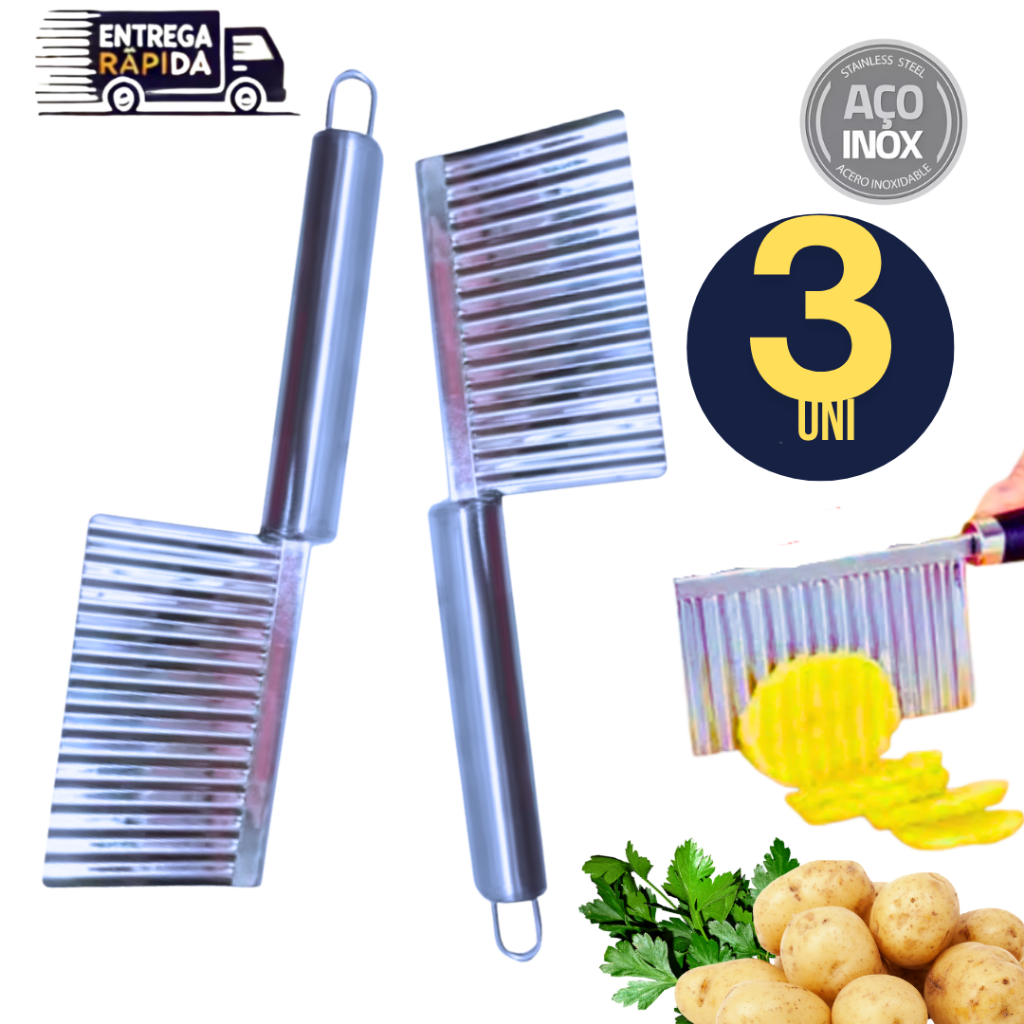 Kit 03 - Fatiador Cortador Ondulado  Linha Inox Premium Casa Cozinha Legumes Verduras Restaurante Variáveis Utilidades