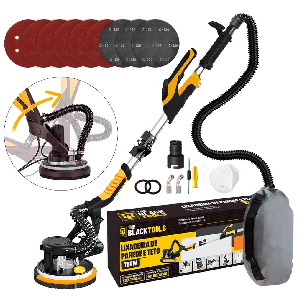 Lixadeira Teto E Parede Telescópica Profissional Com Led E Saco Coletor The Black Tools em Oferta na Shopee