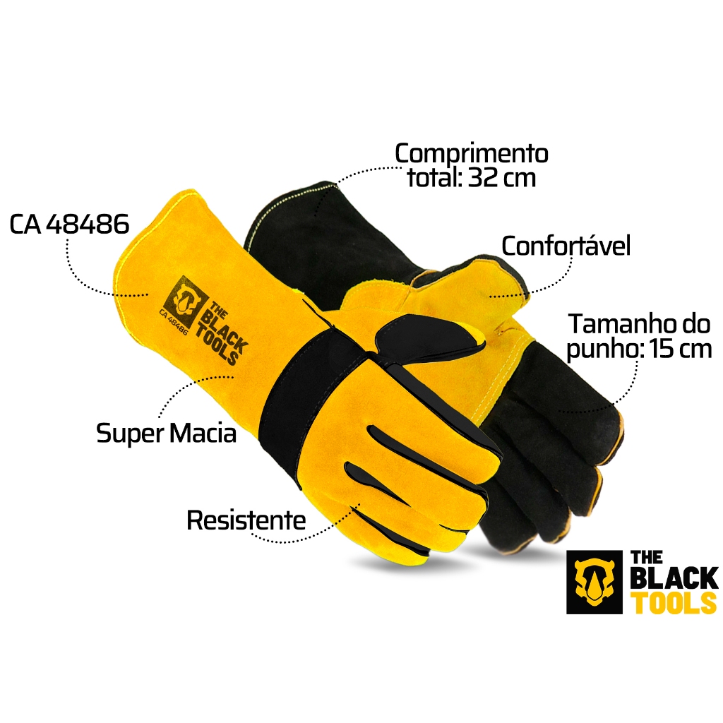 Detalhes do Luva Para Soldador Em Raspa Cano Longo Solda Tig Mig Epi The Black Tools