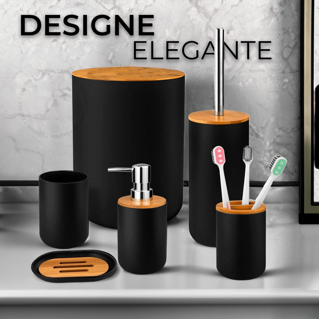 Kit Banheiro Lavabo Conjunto Acessórios lixeira escova 6 Peças Bambu Luxo Preto/Branco