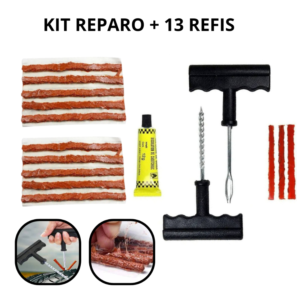 Kit Reparo Pneu Sem Camara Moto E Carro + 10 Refil Selante Macarrão