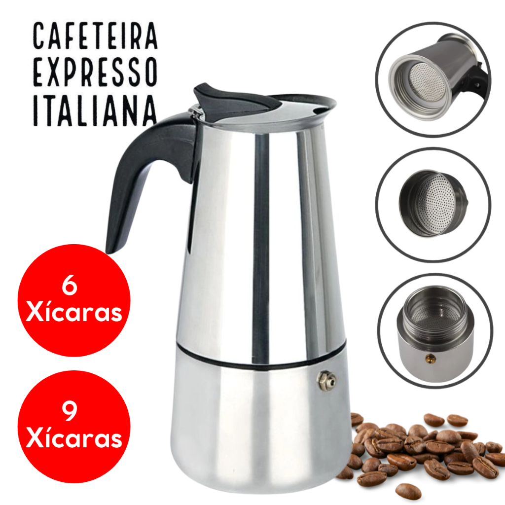 Cafeteira Italiana de Alumínio Café Expresso 6, 9 Xícaras Cafeteira Italiana Moka Express Aço