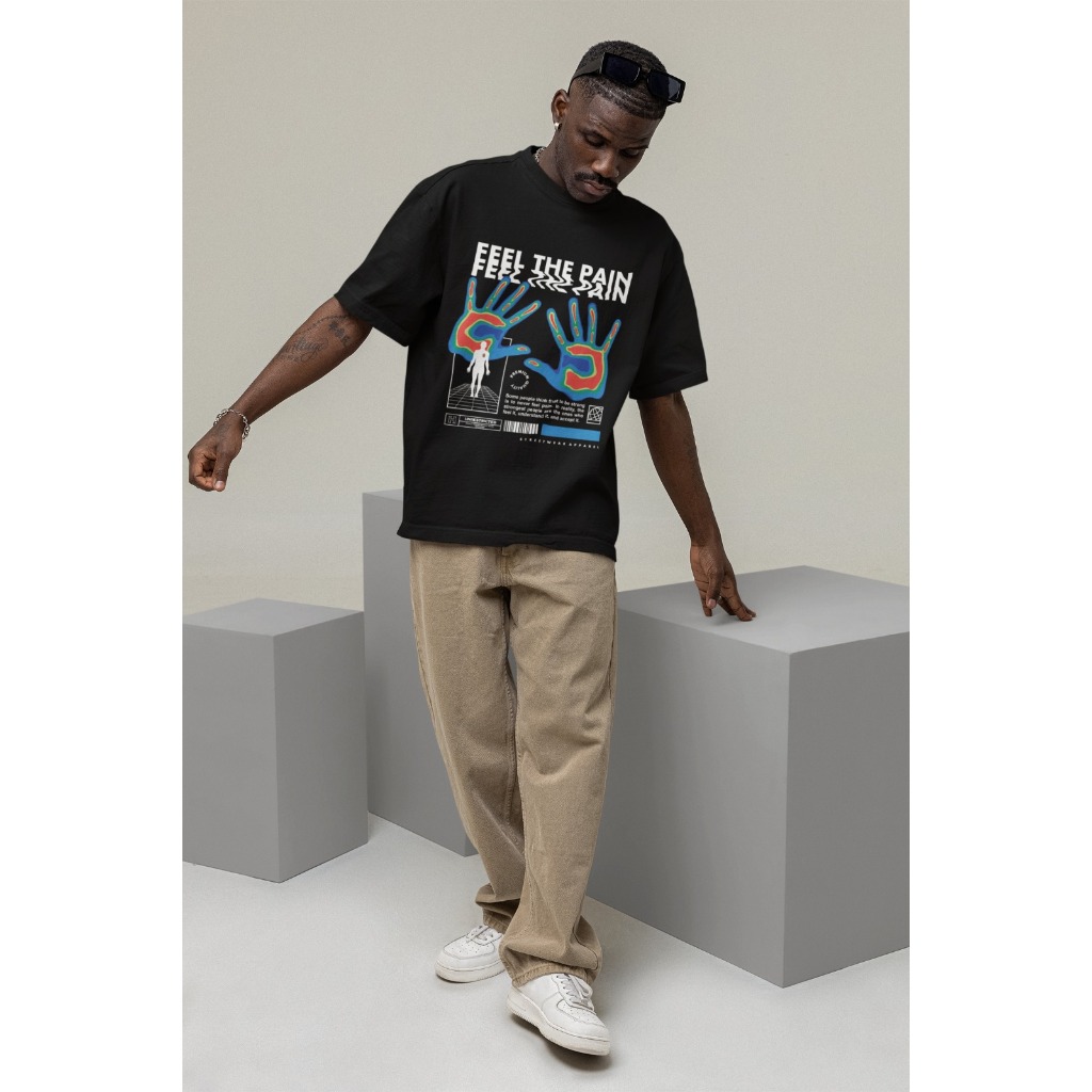 Camiseta Oversized Streetwear 'Fell The Pain' Estampa Gráfica 100% Algodão Unissex