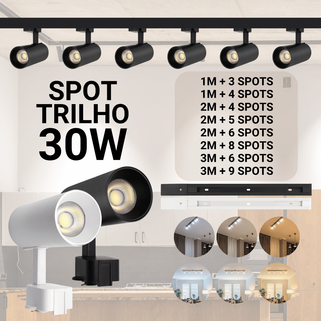 Kit Trilho Spot Led Eletrificado Preto Branco 30w Interno Bivolt Luz Branco Frio, Neutro ou Quente