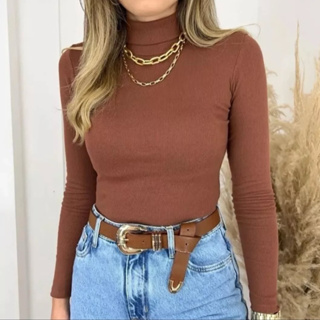 Blusa Manga Longa Gola Alta Canelada Promoção em Oferta na Shopee