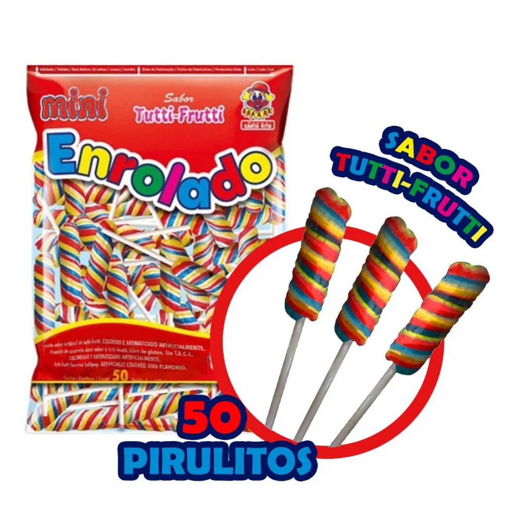 Pirulito Mini Enrolado Colorido Tutti Frutti Com 50 Unidades