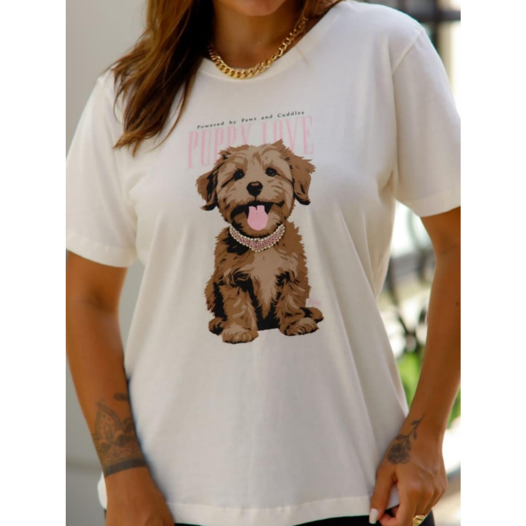 Camiseta Feminina Gola Redonda Canelada CACHORRO PUPPY LOVE Blusa Estilosa em Algodão
