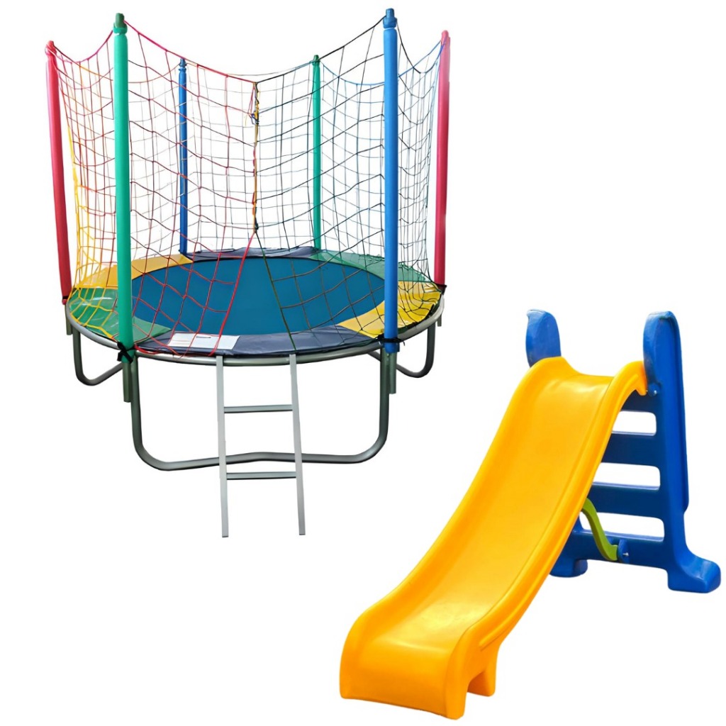 Cama Elástica Infantil Pula Pula Nacional 1,83m + Escorregador Médio 3 Degraus | Azul Com Amarelo em Oferta na Shopee