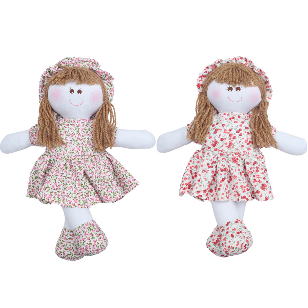 Boneca De Pano 30cm Com Vestido Estampado Infantil Antialérgica Kit 2 Peças