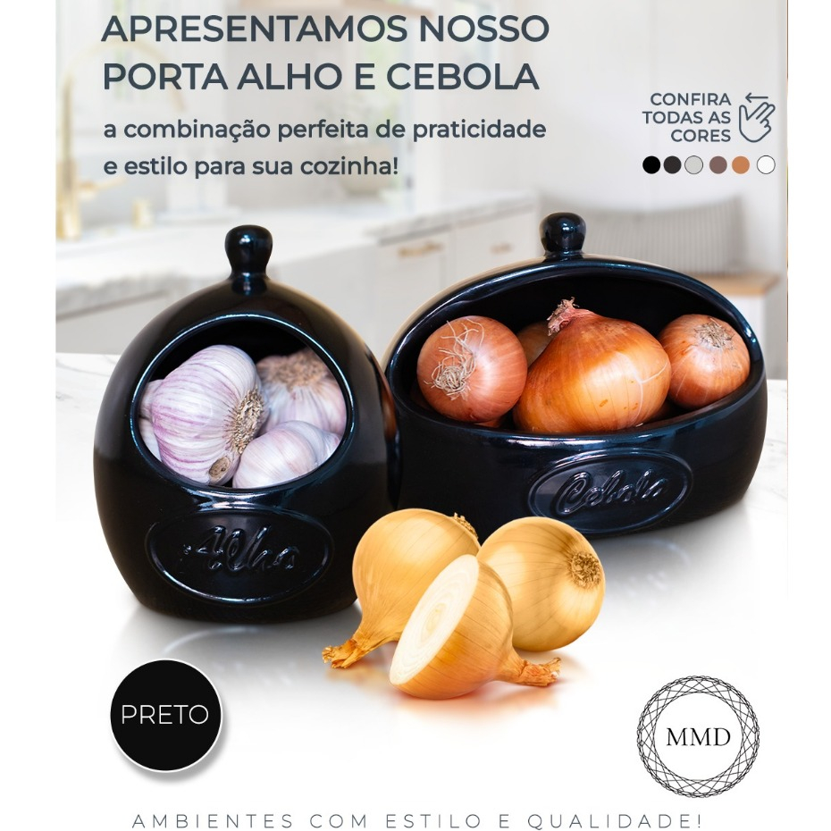 *LANÇAMENTO* Kit Condimentos Cebola Alho Feito Em Cerâmica Decoração Armazenamento Preto Brilho