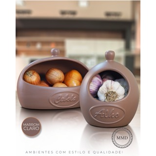 *LANÇAMENTO* Kit Condimentos Cebola Alho Feitos Ceramica Cozinha Armazenamento  Alimentos Marrom Decoração Pote em Oferta na Shopee