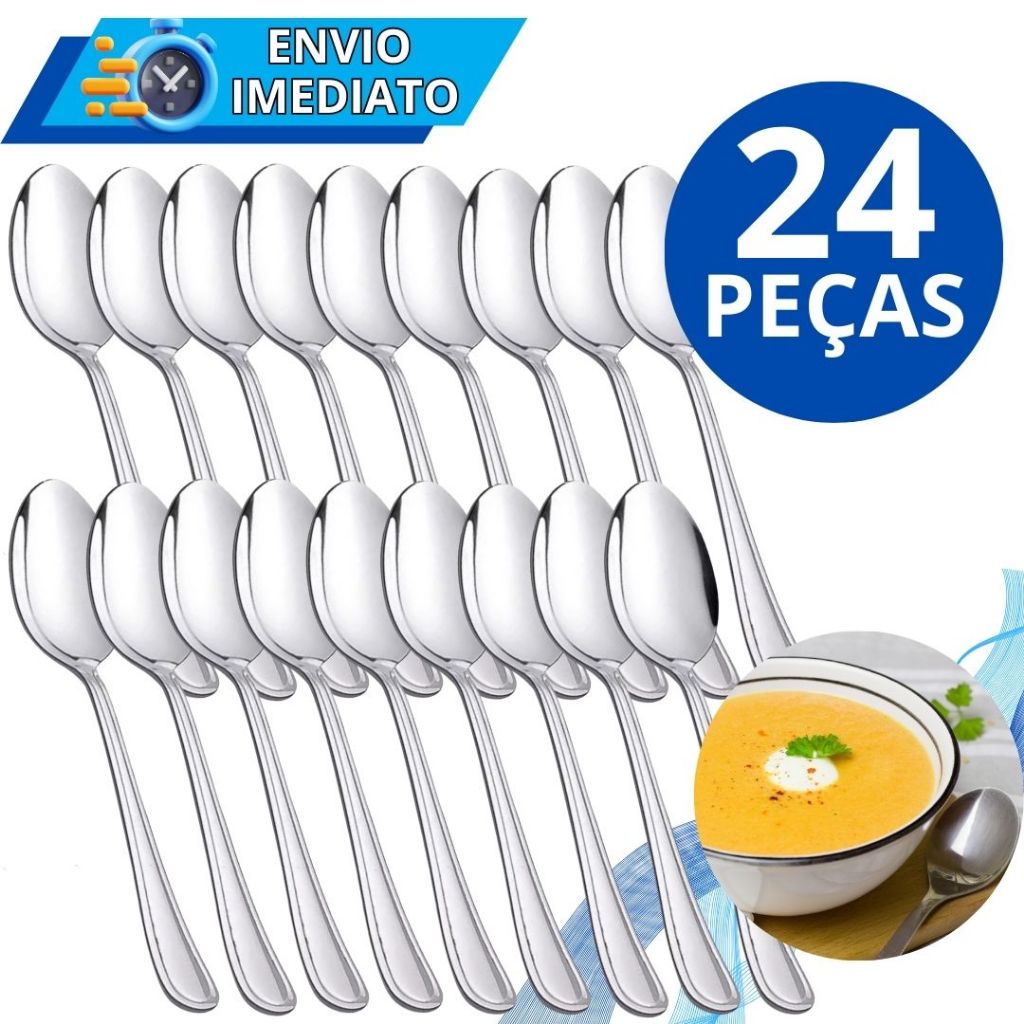 Jogo de Talheres 24 Peças Colher de Mesa Aço Inox Polido GRANDE Luxo Sopa Arroz Para Casa Cozinha Bar Restaurante Buffet