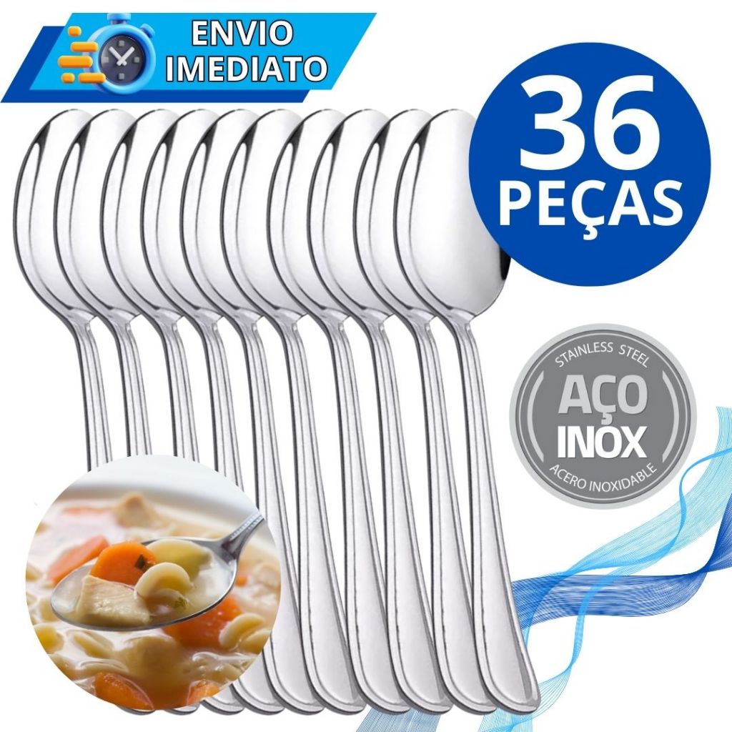 Jogo de Talheres 36 Peças Colher de Mesa Aço Inox Polido GRANDE Luxo Sopa Arroz Para Casa Cozinha Bar Restaurante Buffet