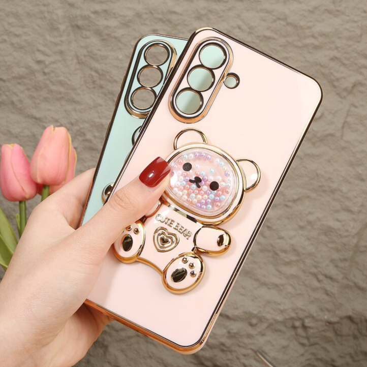 Capinha de Celular Luxuosa Com Suporte Urso para Samsung A04,A05,A14,A15,A24,A25,A34,A35,A54,A55