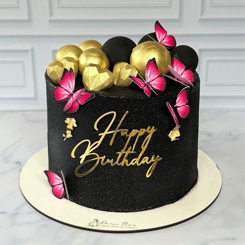 Topper Happy Birthday e Borboletas - Topo de Bolo Happy Birthday e Borboletas