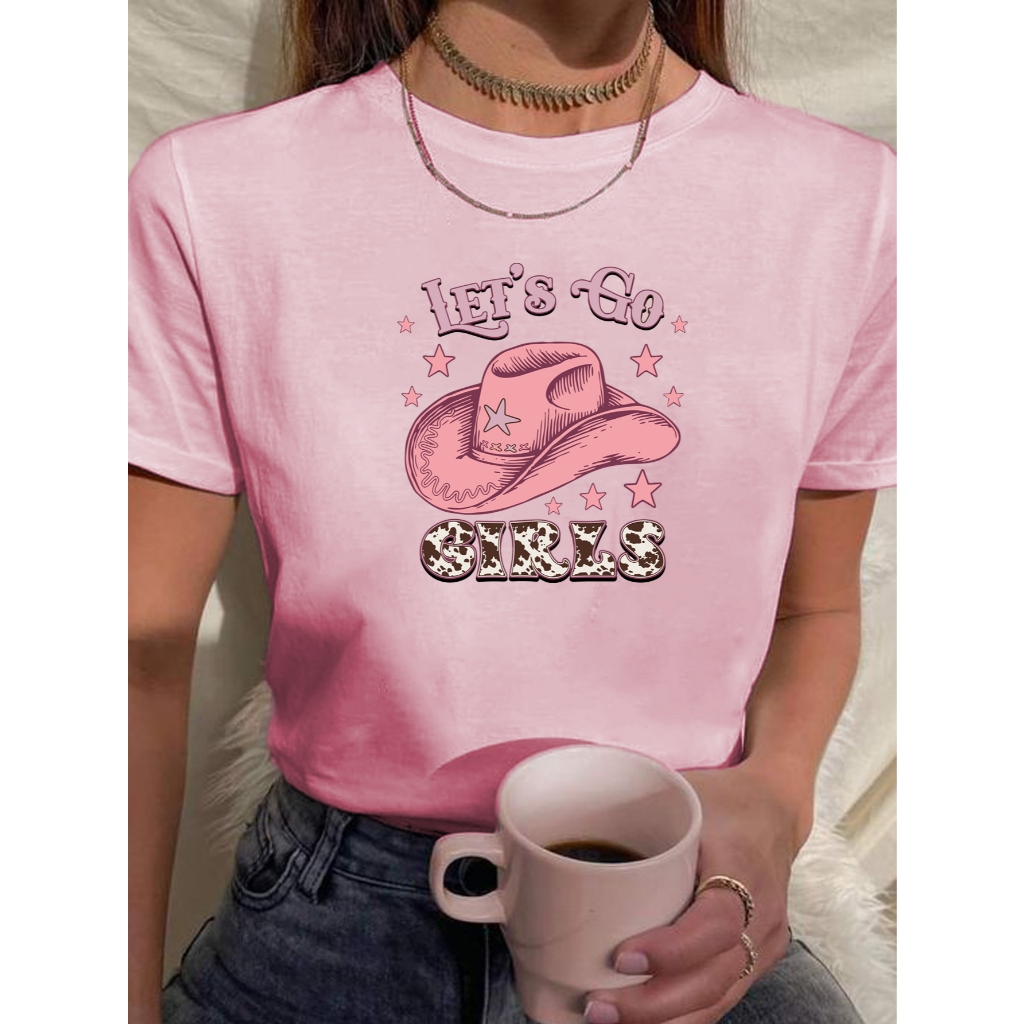 Camiseta Feminina Babylook Tshirt Chapeu Boiadeira Rosa Lets Go Girls 100% Algodão em Oferta na Shopee