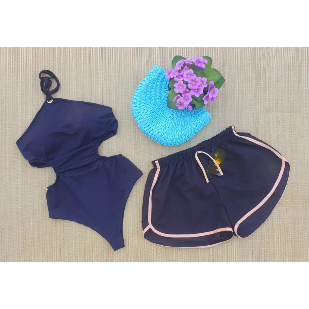 Kit Body Maiô Engana Mamãe + Shorts Tactel - C/ Bojo - Liso