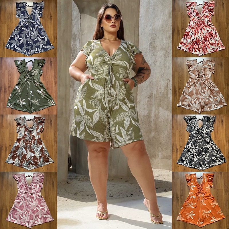 Macacão LANÇAMENTO macaquinho verão plu size curto feminino adulto tamanho grande modelagem ampla com bolso manga curta em Oferta na Shopee