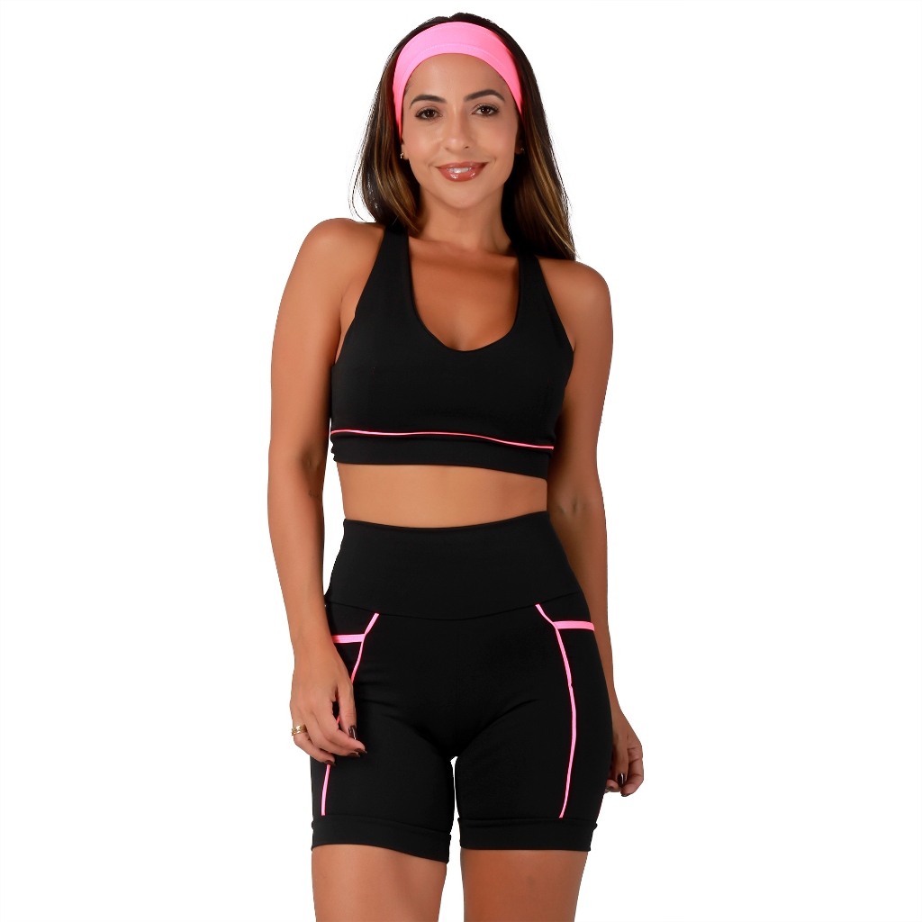 Conjunto Academia Feminino Fitness Com Bolsos Laterais Profundos Zero Transparencia