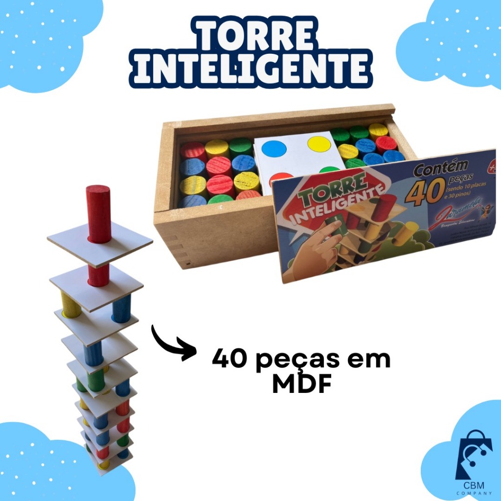 Brinquedo Torre Inteligente Educativo Infantil Colorido em Madeira MDF 40 Peças em Oferta na Shopee