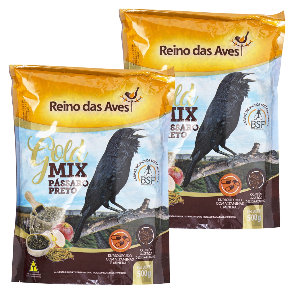 Kit 2 Pacotes Ração Alimento 500gr Pássaro Preto Gold Mix Reino das Aves Promoção