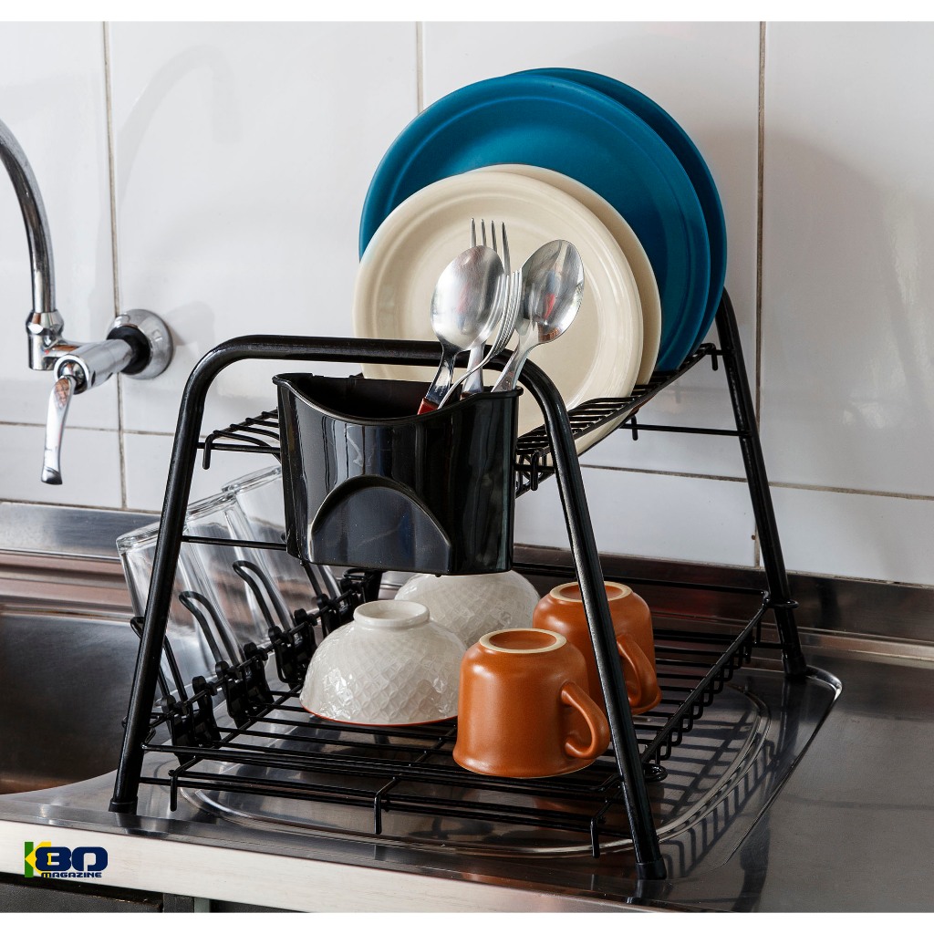 Escorredor Louça Duplo 16 Pratos Black 2 Andares C/ Porta Talher Embutido