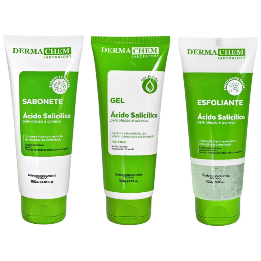 Dermachem Kit para Pele Oleosa Sabonete Facial, Esfoliante Rosto e Gel Skincare